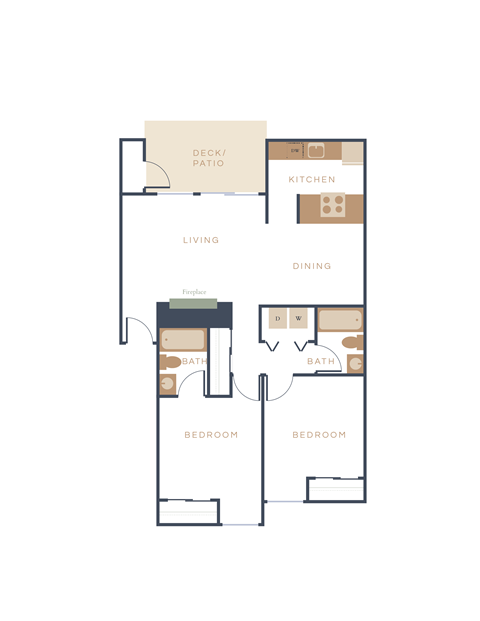 A floor plan of a house with two bedrooms, a living room, a dining room, a kitchen, a bathroom, and a deck/patio.